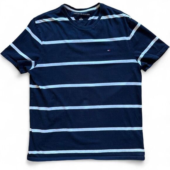Tommy Hilfiger Navy Blue Striped Tee Shirt - Size L - Classic Casual Preppy - Picture 1 of 8